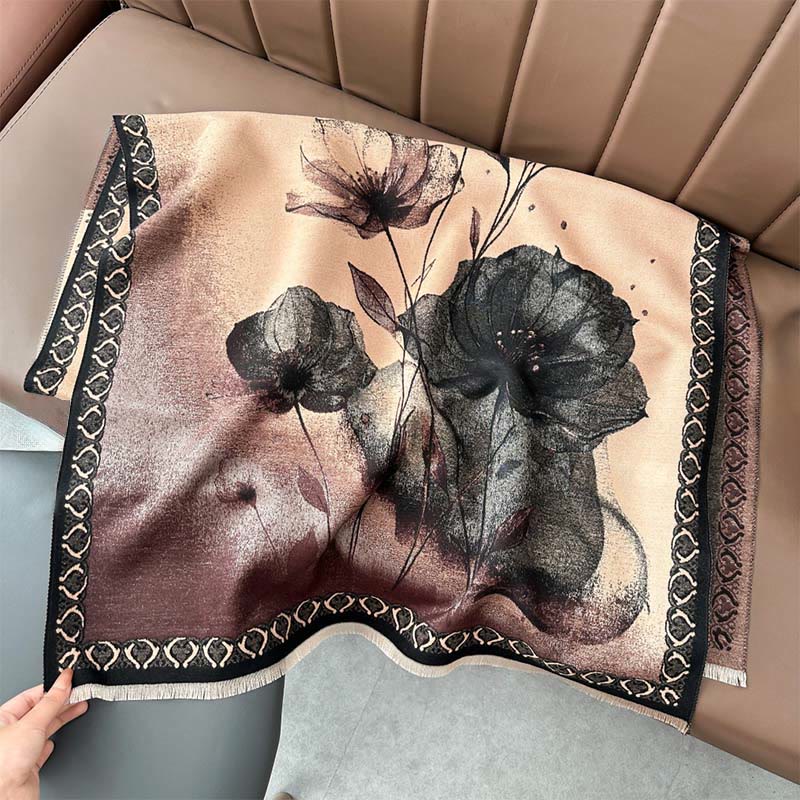 Buddha Stones Winter Ink Painting Lotus Flowers Leaves Pattern Soft Scarf Shawl