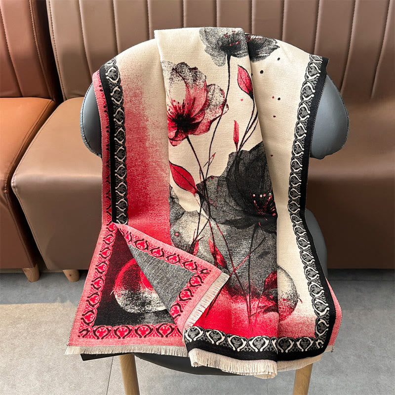 Buddha Stones Winter Ink Painting Lotus Flowers Leaves Pattern Soft Scarf Shawl