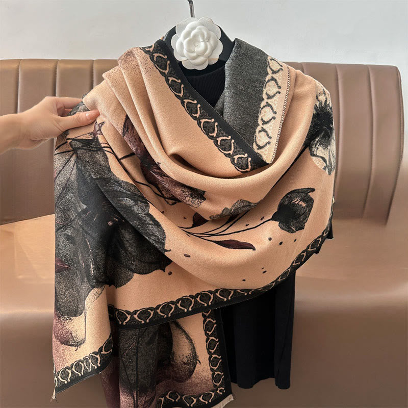 Buddha Stones Winter Ink Painting Lotus Flowers Leaves Pattern Soft Scarf Shawl