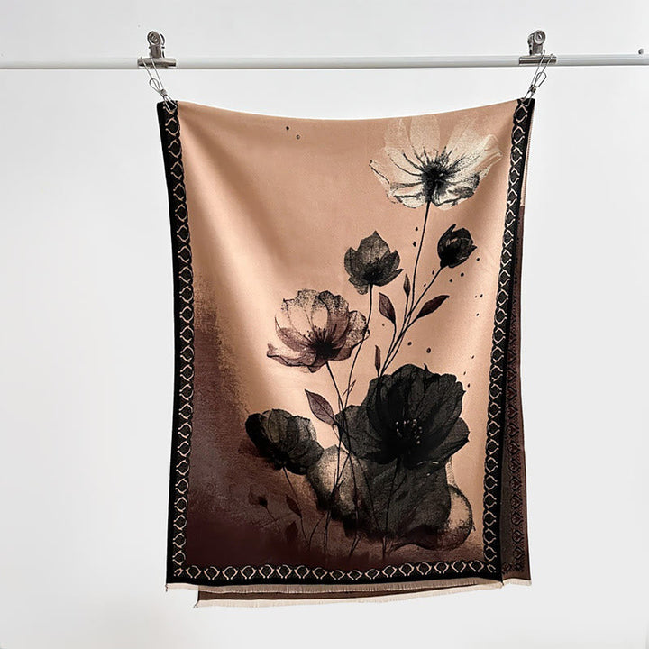 Buddha Stones Winter Ink Painting Lotus Flowers Leaves Pattern Soft Scarf Shawl