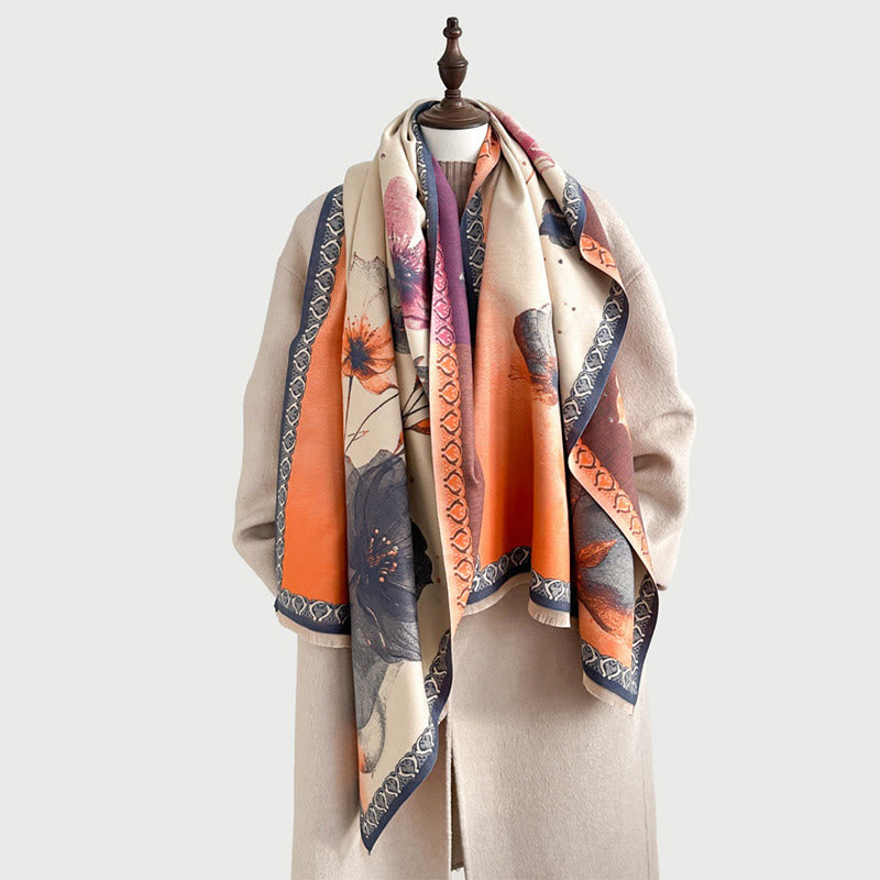 Buddha Stones Winter Ink Painting Lotus Flowers Leaves Pattern Soft Scarf Shawl