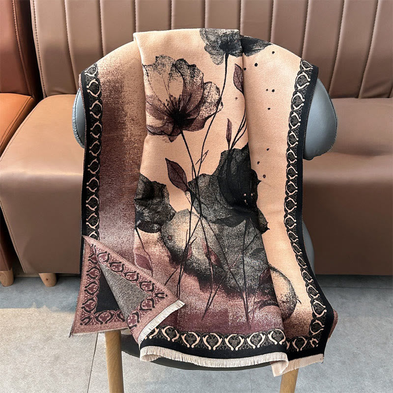Buddha Stones Winter Ink Painting Lotus Flowers Leaves Pattern Soft Scarf Shawl