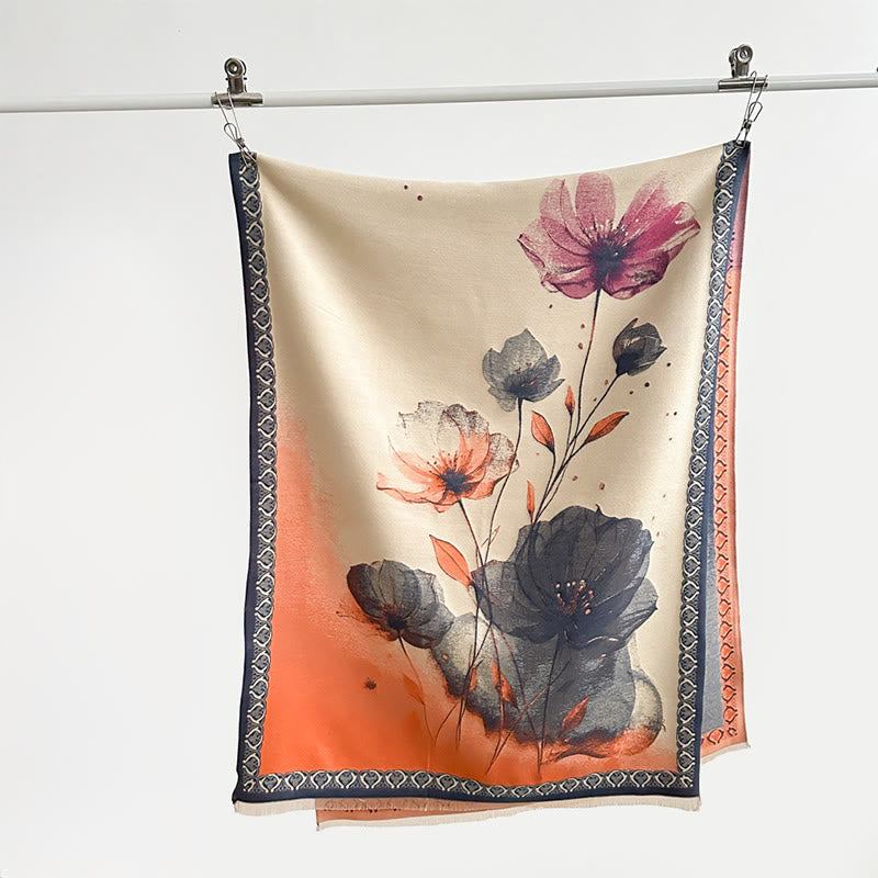 Buddha Stones Winter Ink Painting Lotus Flowers Leaves Pattern Soft Scarf Shawl
