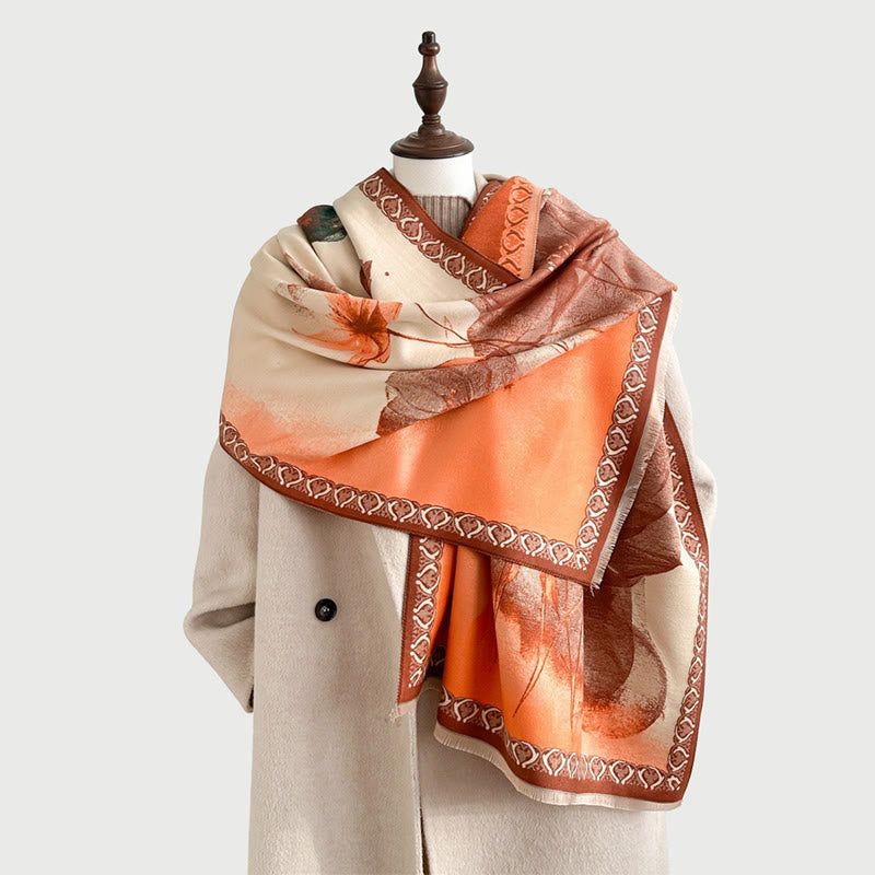 Buddha Stones Winter Ink Painting Lotus Flowers Leaves Pattern Soft Scarf Shawl
