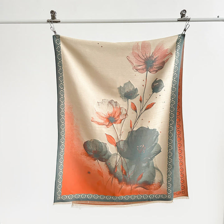 Buddha Stones Winter Ink Painting Lotus Flowers Leaves Pattern Soft Scarf Shawl