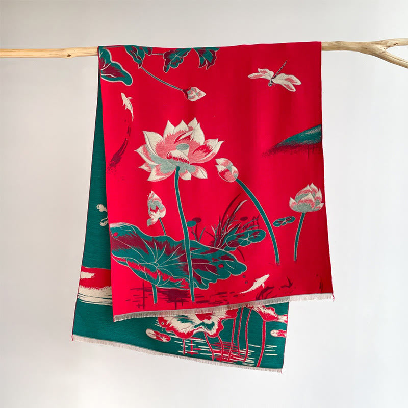Buddha Stones Fall Lotus Koi Fish Dragonfly Pattern Cozy Scarf Shawl