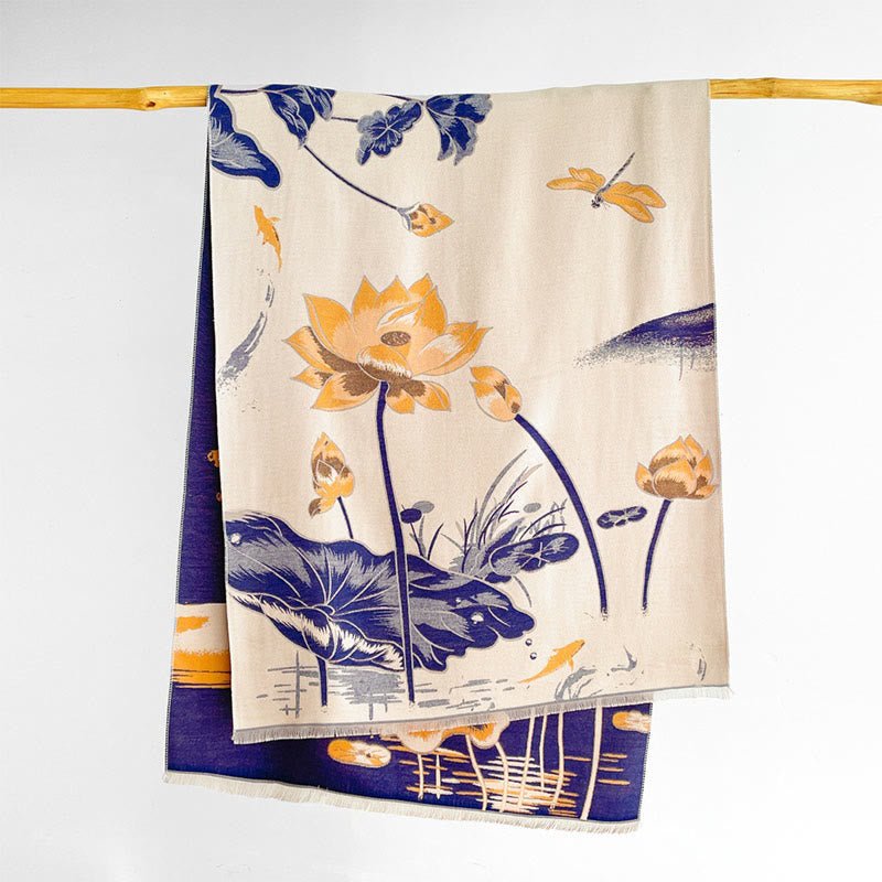 Buddha Stones Fall Lotus Koi Fish Dragonfly Pattern Cozy Scarf Shawl