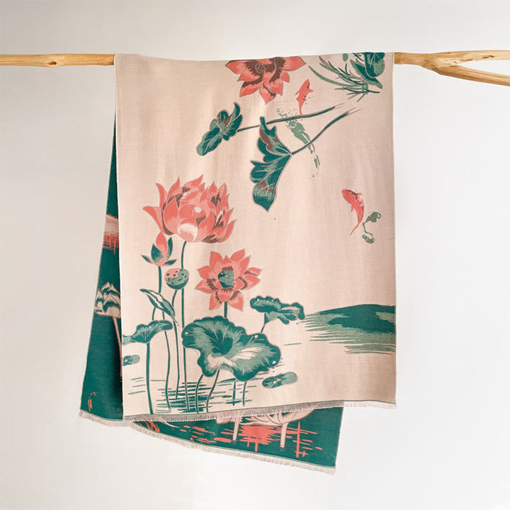 Buddha Stones Fall Lotus Koi Fish Dragonfly Pattern Cozy Scarf Shawl
