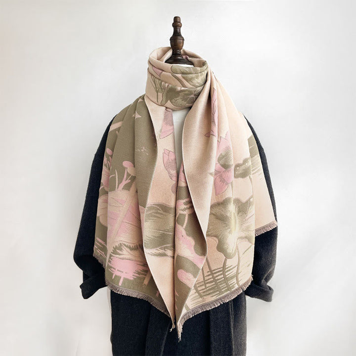 Buddha Stones Fall Lotus Koi Fish Dragonfly Pattern Cozy Scarf Shawl