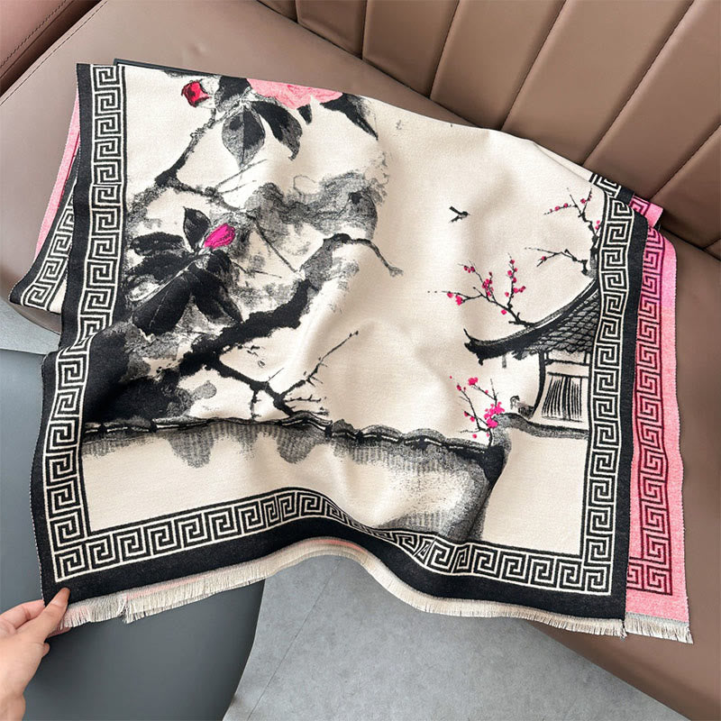 Buddha Stones Fall Plum Blossom Eaves Ink Painting Pattern Cozy Scarf Shawl