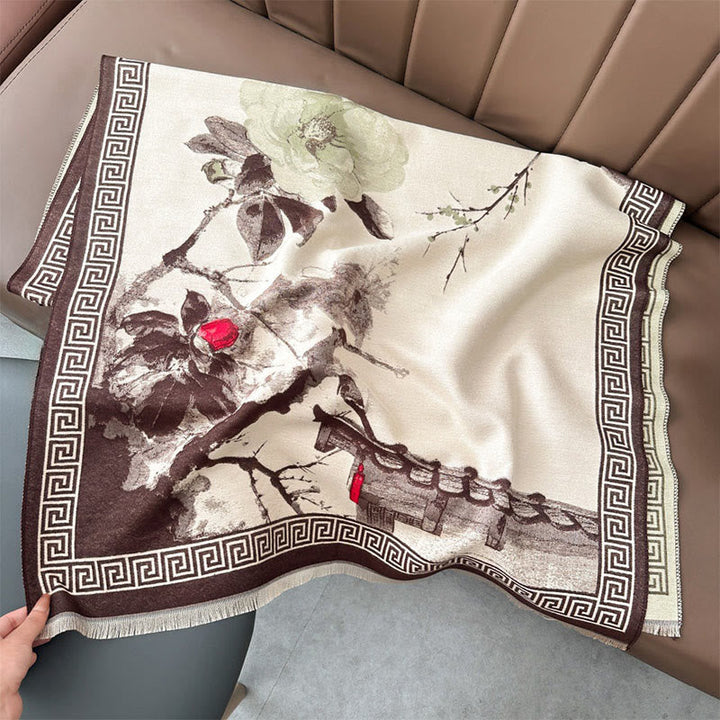 Buddha Stones Fall Plum Blossom Eaves Ink Painting Pattern Cozy Scarf Shawl