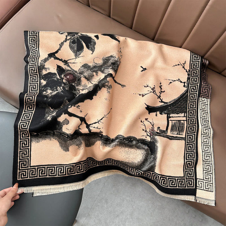 Buddha Stones Fall Plum Blossom Eaves Ink Painting Pattern Cozy Scarf Shawl