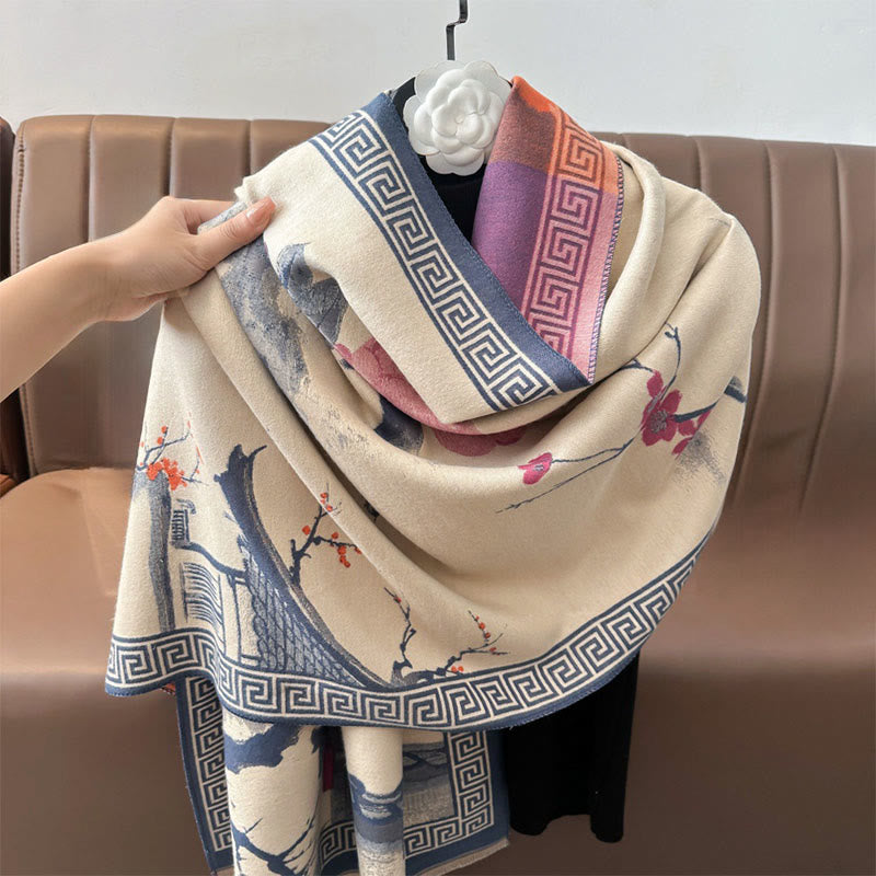 Buddha Stones Fall Plum Blossom Eaves Ink Painting Pattern Cozy Scarf Shawl