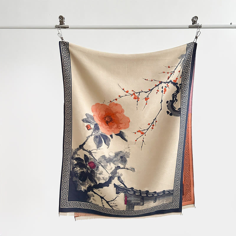 Buddha Stones Fall Plum Blossom Eaves Ink Painting Pattern Cozy Scarf Shawl