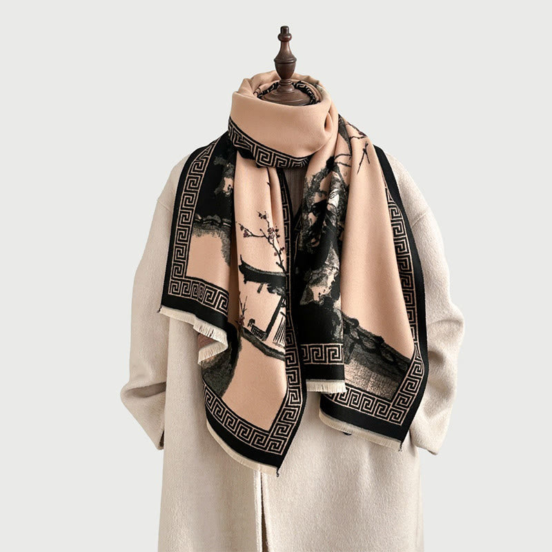 Buddha Stones Fall Plum Blossom Eaves Ink Painting Pattern Cozy Scarf Shawl