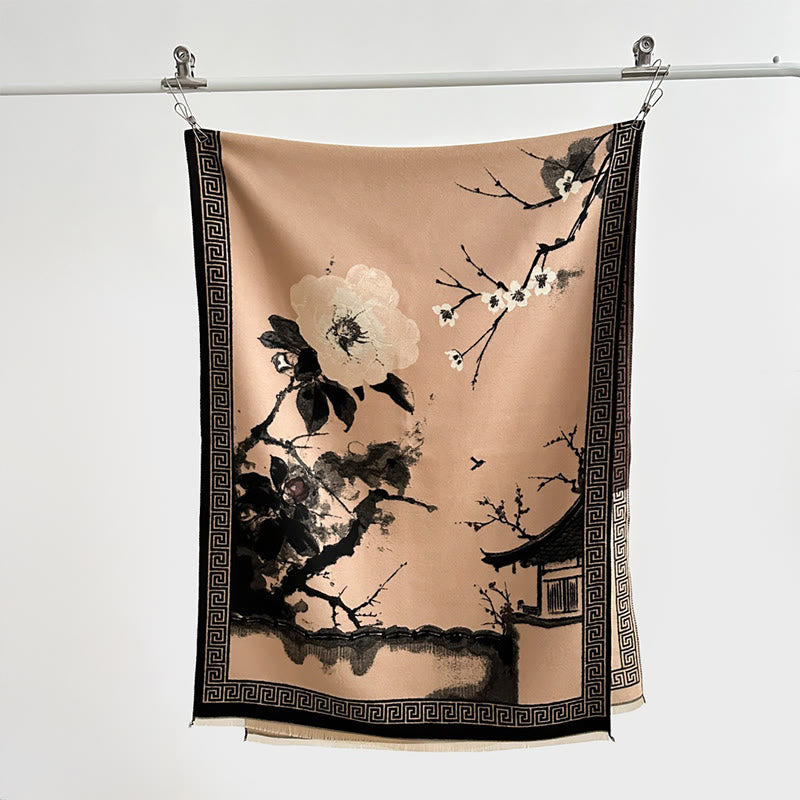 Buddha Stones Fall Plum Blossom Eaves Ink Painting Pattern Cozy Scarf Shawl