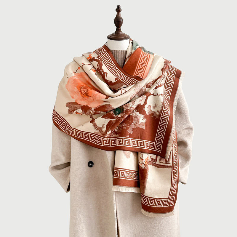 Buddha Stones Fall Plum Blossom Eaves Ink Painting Pattern Cozy Scarf Shawl