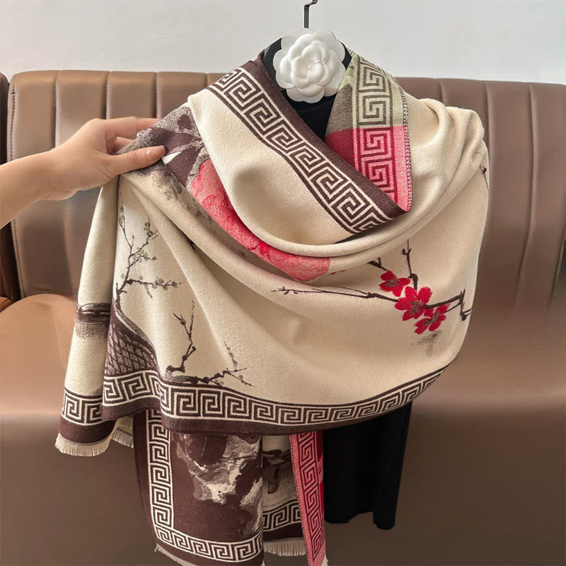 Buddha Stones Fall Plum Blossom Eaves Ink Painting Pattern Cozy Scarf Shawl