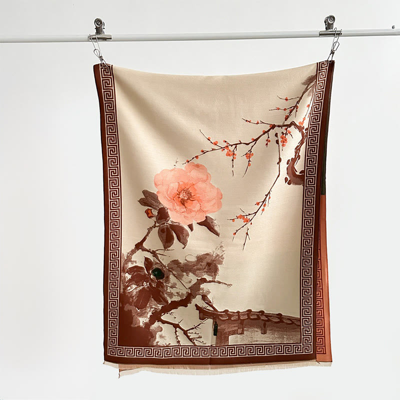 Buddha Stones Fall Plum Blossom Eaves Ink Painting Pattern Cozy Scarf Shawl
