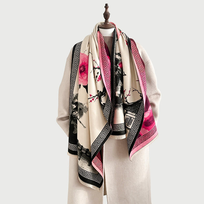 Buddha Stones Fall Plum Blossom Eaves Ink Painting Pattern Cozy Scarf Shawl