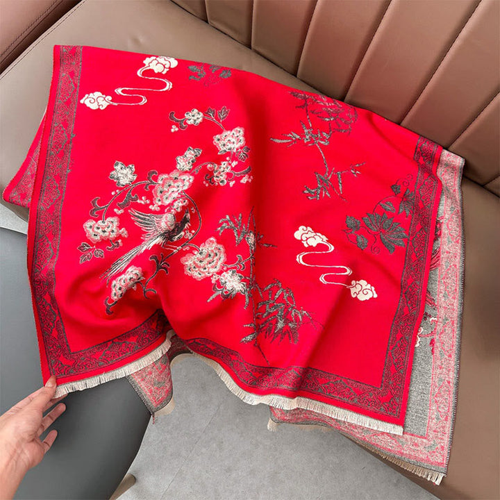 Buddha Stones Winter Birds Bamboo Leaves Vines Pattern Soft Scarf Shawl