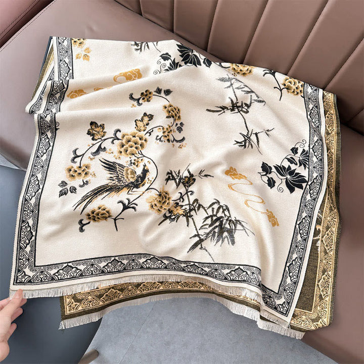 Buddha Stones Winter Birds Bamboo Leaves Vines Pattern Soft Scarf Shawl