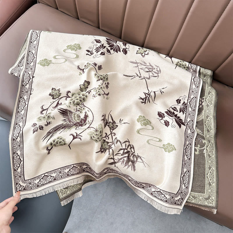 Buddha Stones Winter Birds Bamboo Leaves Vines Pattern Soft Scarf Shawl