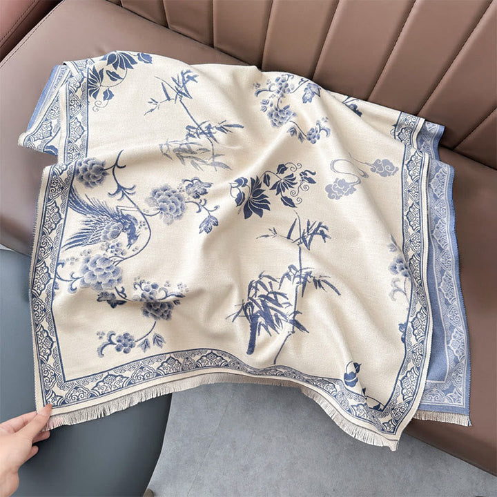 Buddha Stones Winter Birds Bamboo Leaves Vines Pattern Soft Scarf Shawl