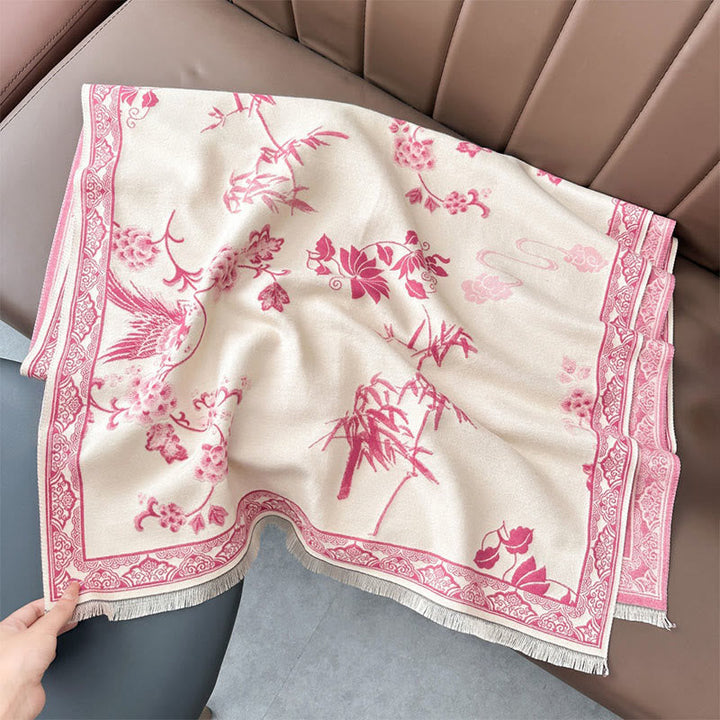 Buddha Stones Winter Birds Bamboo Leaves Vines Pattern Soft Scarf Shawl
