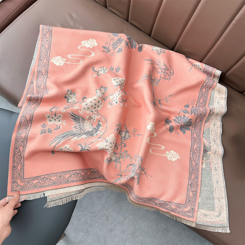 Buddha Stones Winter Birds Bamboo Leaves Vines Pattern Soft Scarf Shawl