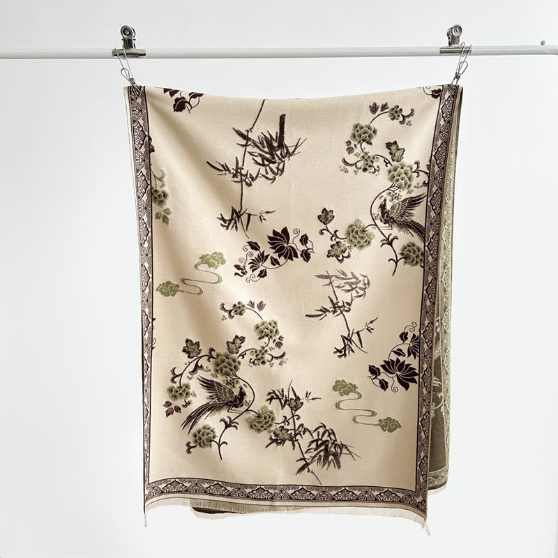 Buddha Stones Winter Birds Bamboo Leaves Vines Pattern Soft Scarf Shawl