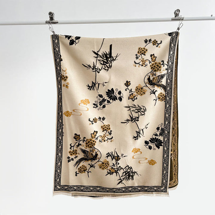 Buddha Stones Winter Birds Bamboo Leaves Vines Pattern Soft Scarf Shawl