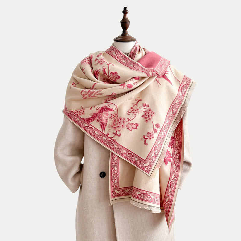 Buddha Stones Winter Birds Bamboo Leaves Vines Pattern Soft Scarf Shawl