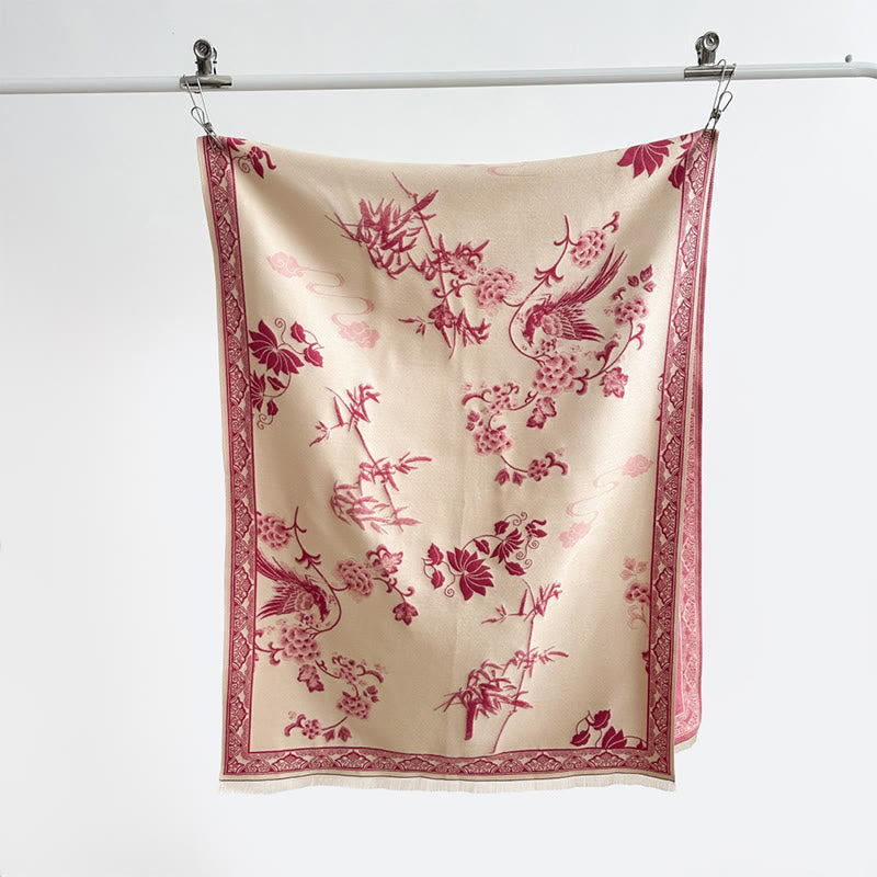 Buddha Stones Winter Birds Bamboo Leaves Vines Pattern Soft Scarf Shawl