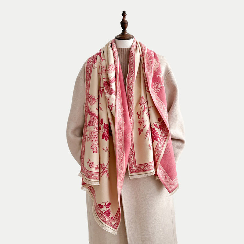 Buddha Stones Winter Birds Bamboo Leaves Vines Pattern Soft Scarf Shawl