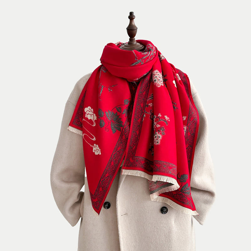 Buddha Stones Winter Birds Bamboo Leaves Vines Pattern Soft Scarf Shawl