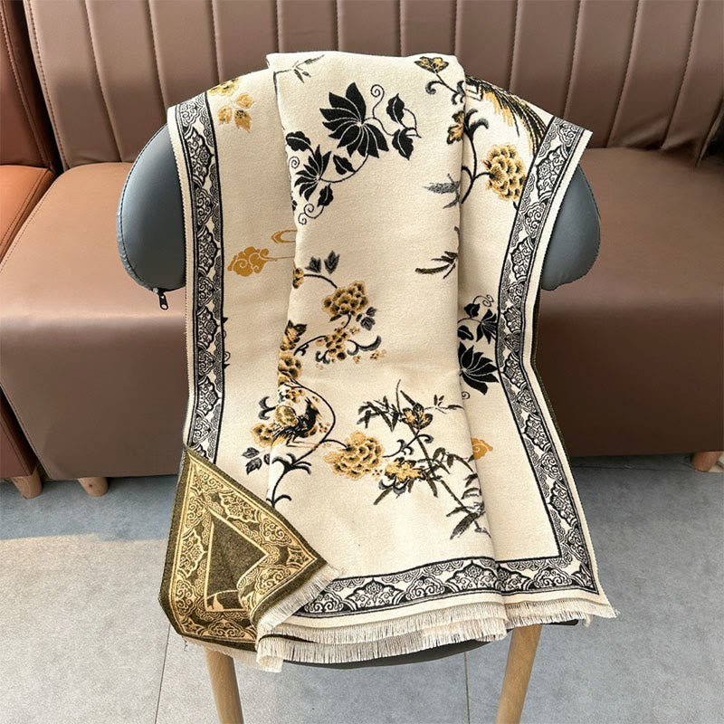 Buddha Stones Winter Birds Bamboo Leaves Vines Pattern Soft Scarf Shawl