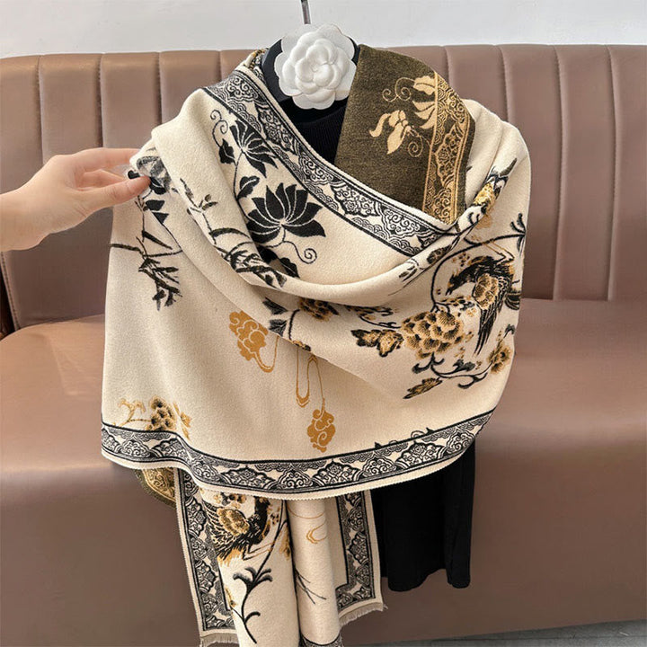 Buddha Stones Winter Birds Bamboo Leaves Vines Pattern Soft Scarf Shawl