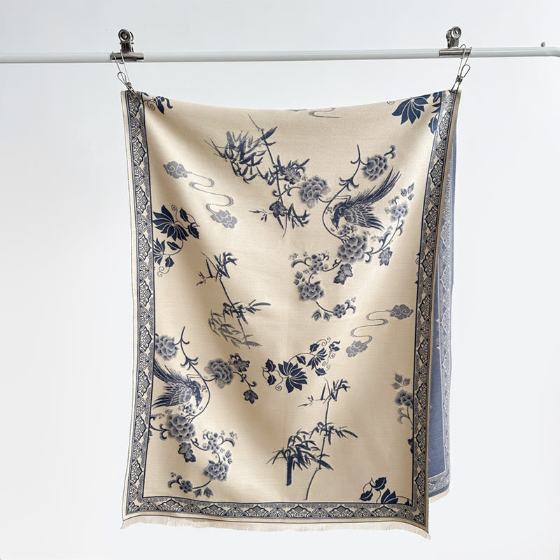 Buddha Stones Winter Birds Bamboo Leaves Vines Pattern Soft Scarf Shawl