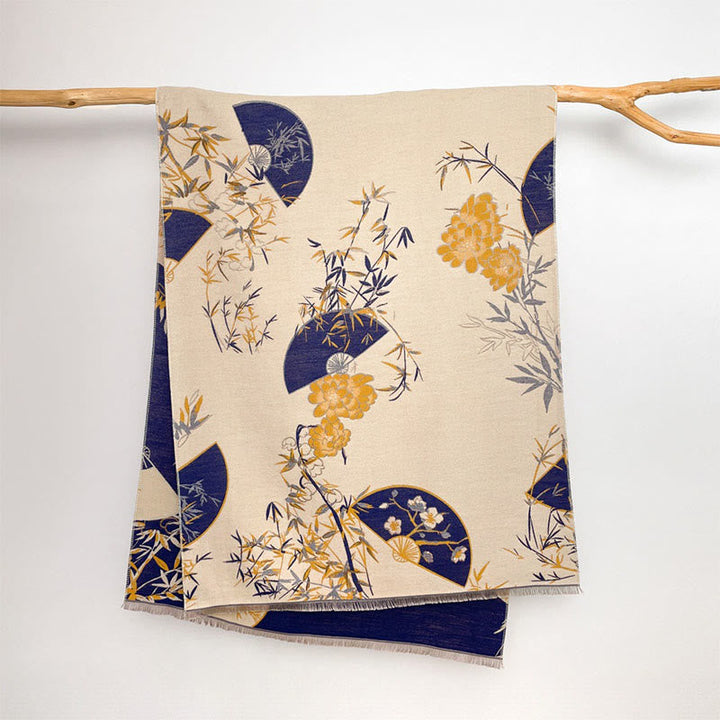 Buddha Stones Winter Fan Bamboo Peony Flowers Pattern Cozy Scarf Shawl