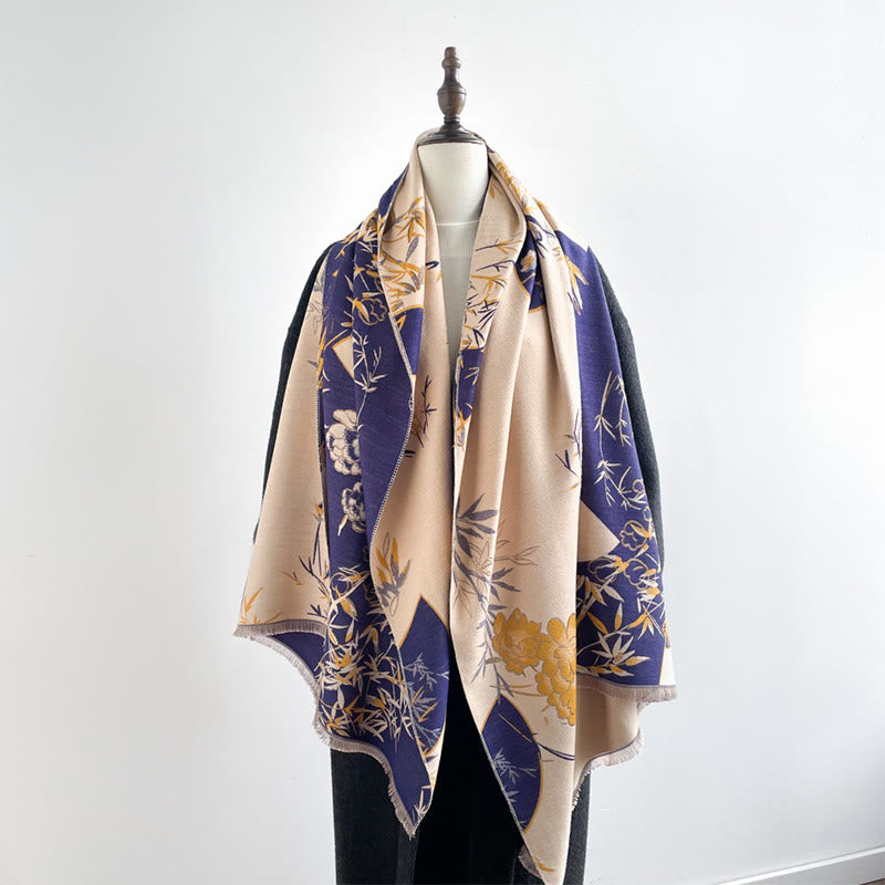 Buddha Stones Winter Fan Bamboo Peony Flowers Pattern Cozy Scarf Shawl