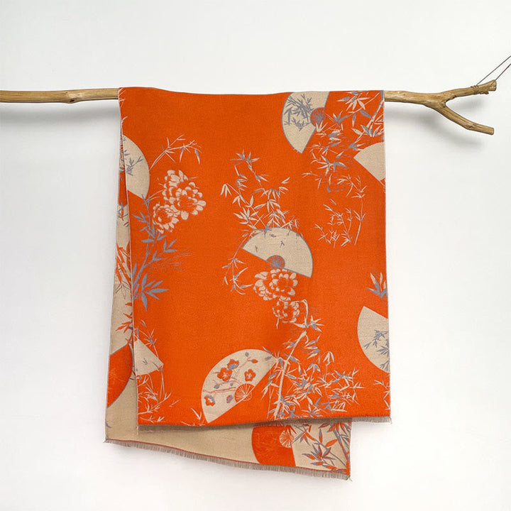 Buddha Stones Winter Fan Bamboo Peony Flowers Pattern Cozy Scarf Shawl