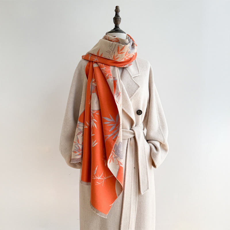 Buddha Stones Winter Fan Bamboo Peony Flowers Pattern Cozy Scarf Shawl