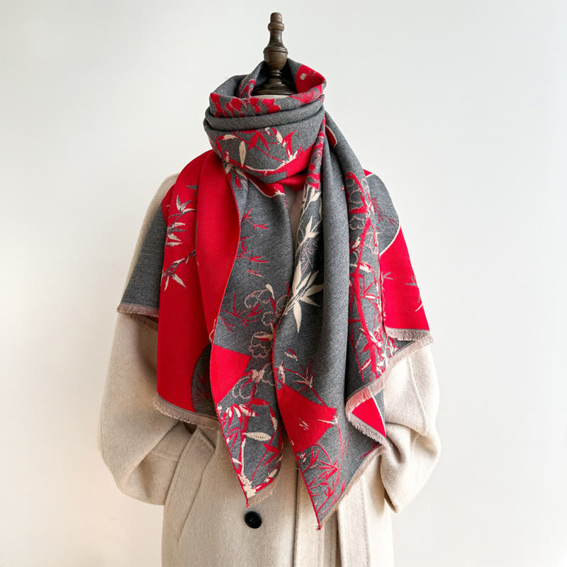 Buddha Stones Winter Fan Bamboo Peony Flowers Pattern Cozy Scarf Shawl