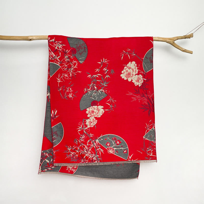 Buddha Stones Winter Fan Bamboo Peony Flowers Pattern Cozy Scarf Shawl