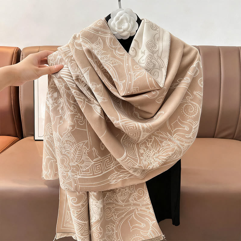 Buddha Stones Fall Pavilion Koi Fish Flowers Waves Pattern Cozy Scarf Shawl