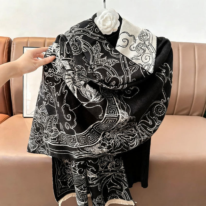 Buddha Stones Fall Pavilion Koi Fish Flowers Waves Pattern Cozy Scarf Shawl