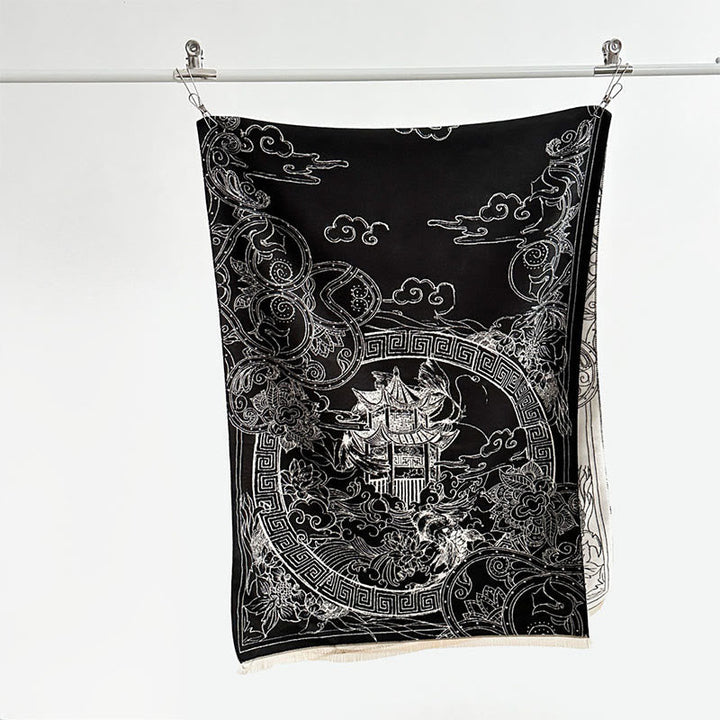 Buddha Stones Fall Pavilion Koi Fish Flowers Waves Pattern Cozy Scarf Shawl