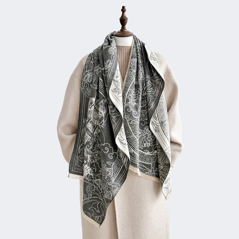 Buddha Stones Fall Pavilion Koi Fish Flowers Waves Pattern Cozy Scarf Shawl