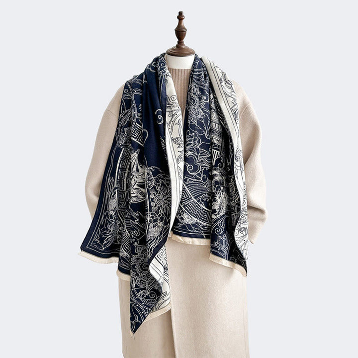Buddha Stones Fall Pavilion Koi Fish Flowers Waves Pattern Cozy Scarf Shawl